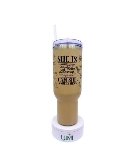 Tumbler with motivational quote on a white background