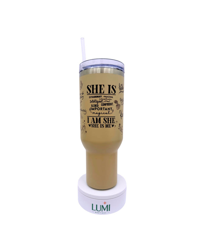 Tumbler with motivational quote on a white background