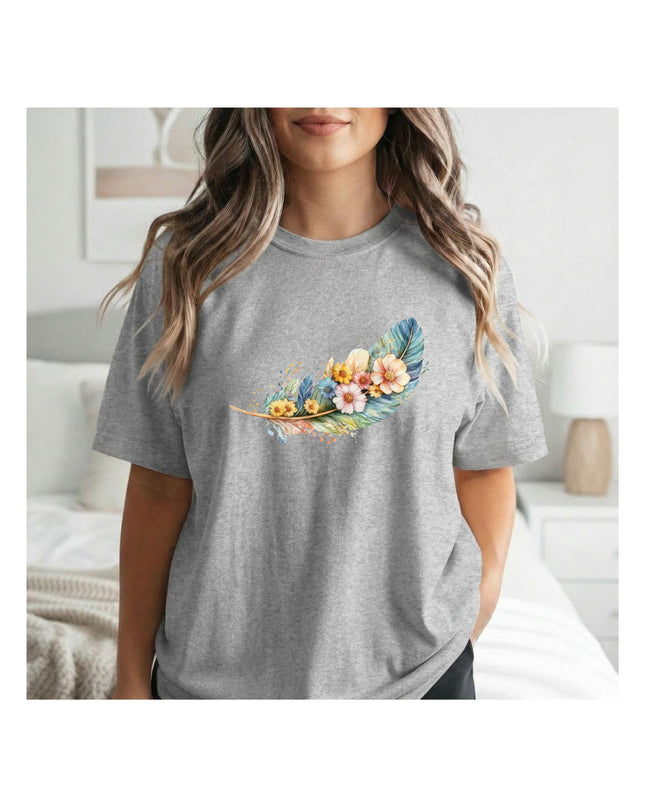 a gray t-shirt with a colorful floral design 
