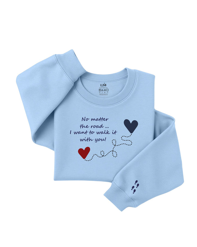 Light blue sweatshirt with text and graphics 