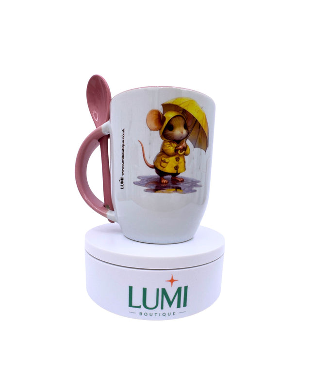 Mug with a cartoon mouse design on a white background, featuring the brand 'LUMI'.