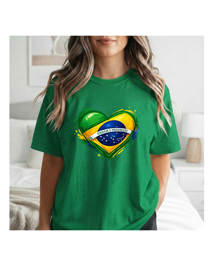 a green t-shirt with a heart-shaped Brazilian flag design.