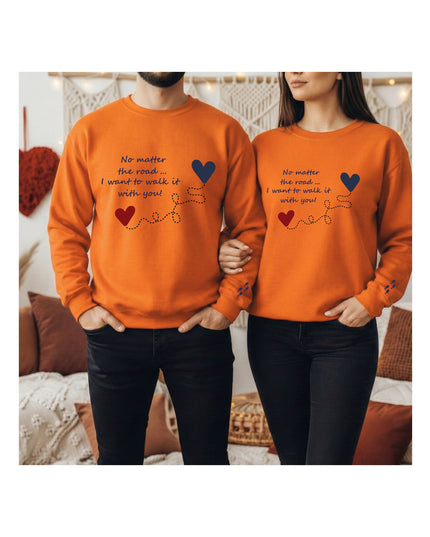  orange sweatshirts with romantic text and heart designs.