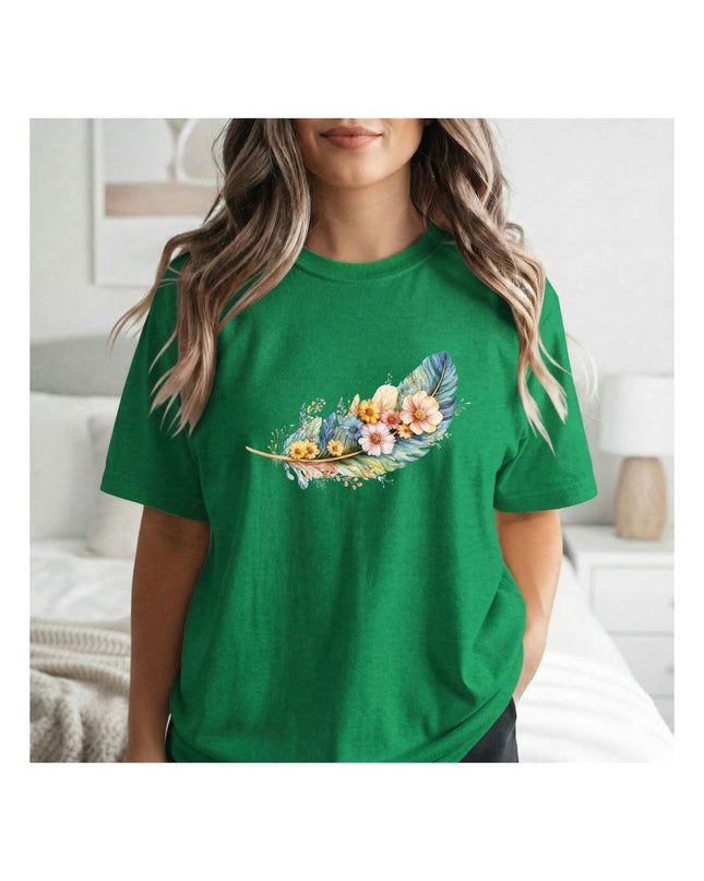 a green t-shirt with a floral design 
