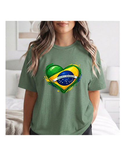 a green t-shirt with a heart-shaped Brazilian flag design.