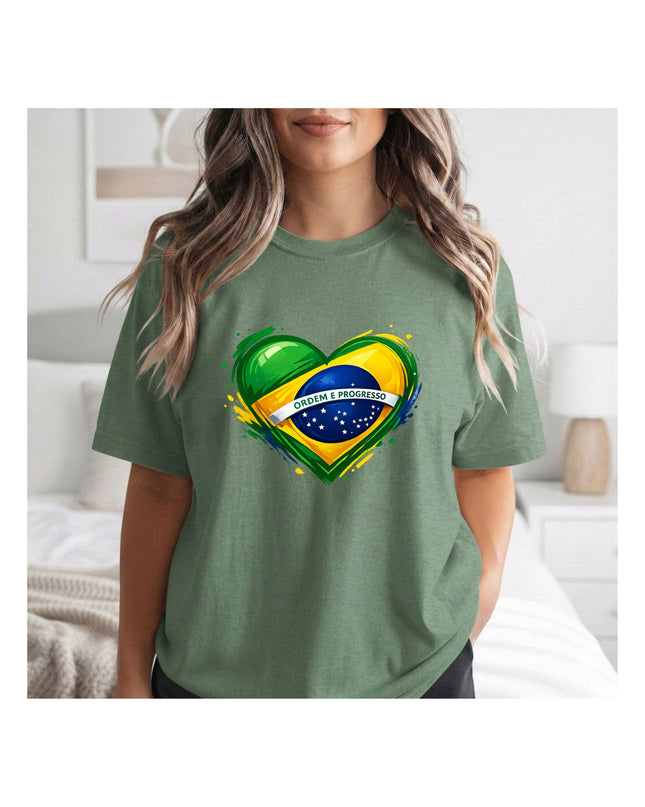 a green t-shirt with a heart-shaped Brazilian flag design.