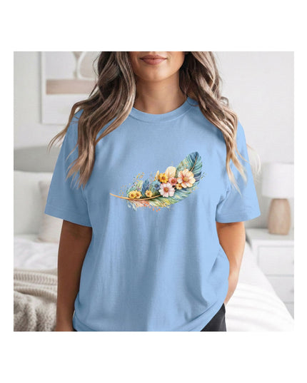  a light blue t-shirt with a floral design