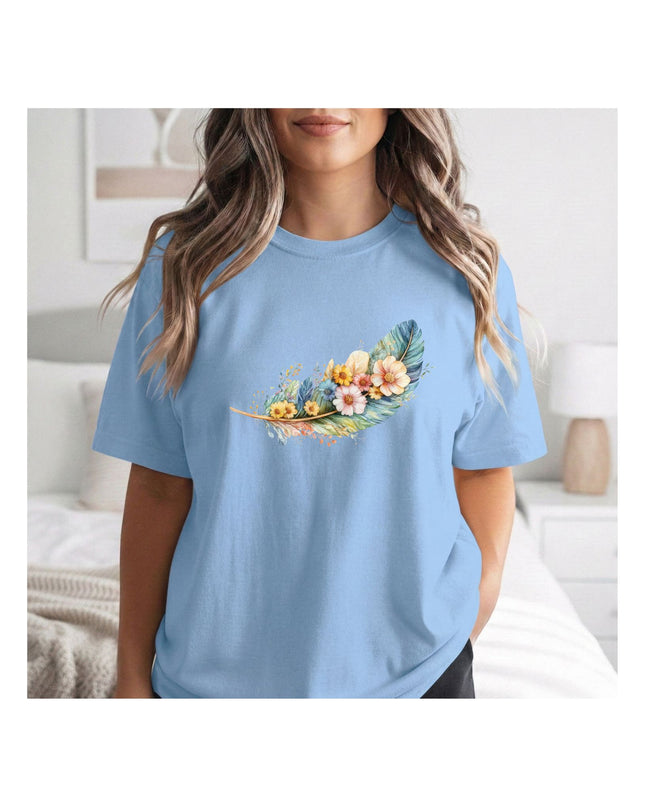  a light blue t-shirt with a floral design