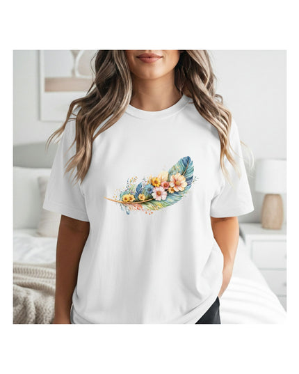  a white t-shirt with a colorful design.