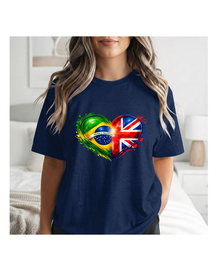 a navy blue t-shirt with a heart design featuring Brazilian and British flags.