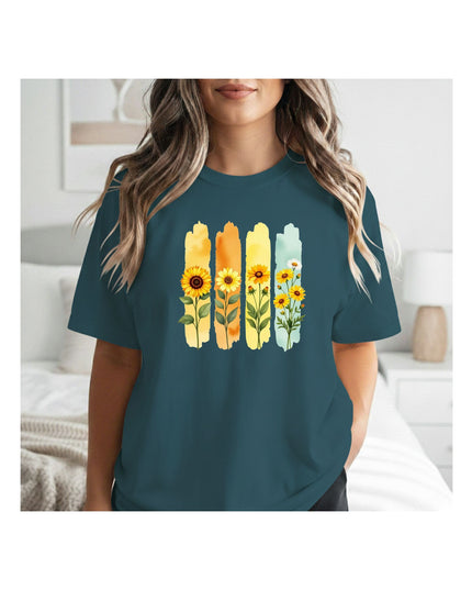  a teal t-shirt with floral design 