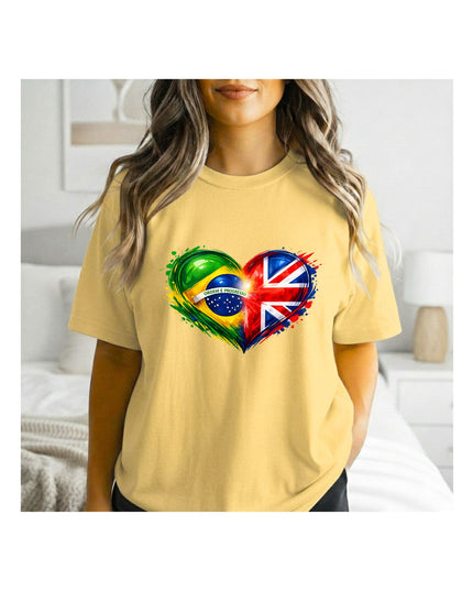 a yellow t-shirt with a heart-shaped design of Brazilian and British flags.