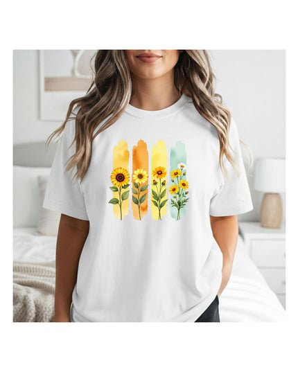 a white t-shirt with floral designs 