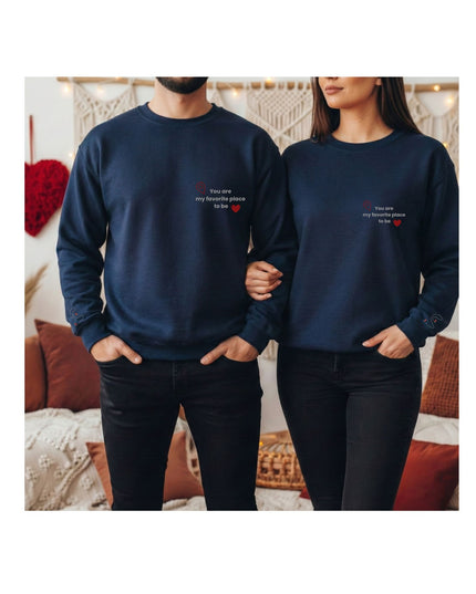 navy blue sweatshirts with text and heart designs, 