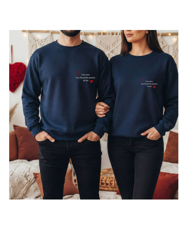 navy blue sweatshirts with text and heart designs, 