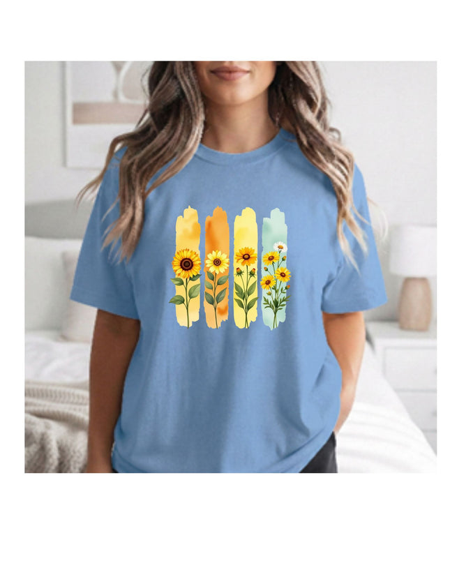 a blue t-shirt with floral design 