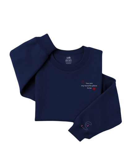 Navy blue sweatshirt with text and heart design 