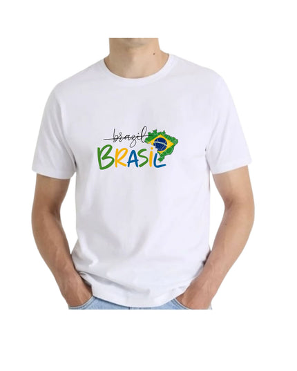 White t-shirt with 'Brasil' text and flag design 