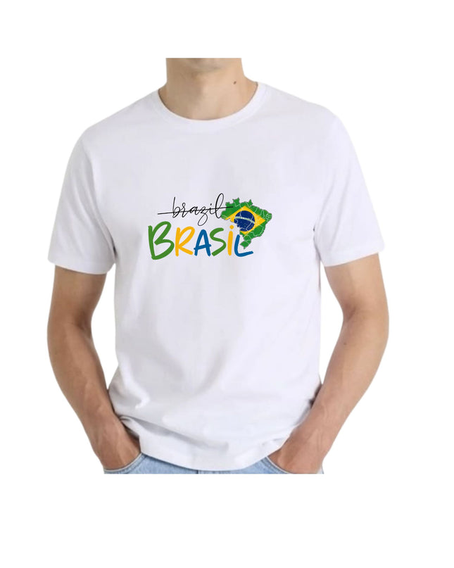 White t-shirt with 'Brasil' text and flag design 