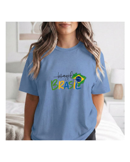  a blue t-shirt with 'Brasil' text and flag design.