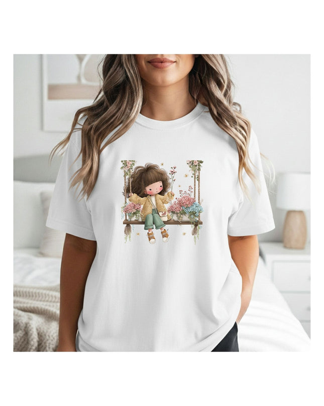  a white t-shirt with a graphic design of a girl and flowers.