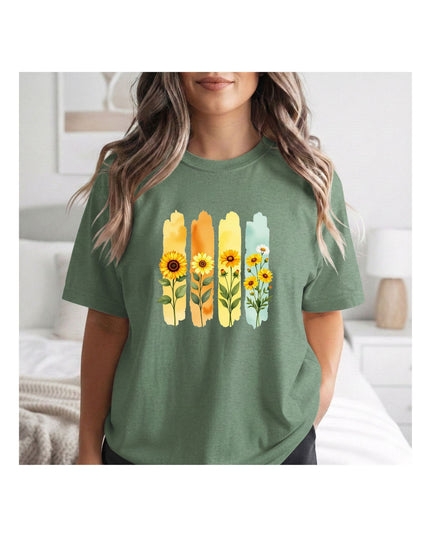 a green t-shirt with floral design 