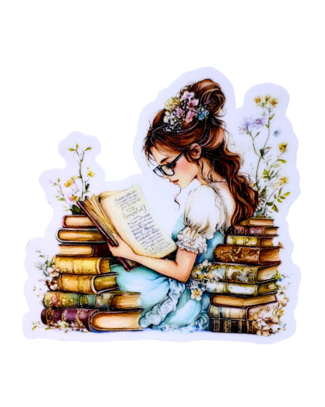 Illustration of a girl reading a book surrounded by books and flowers on a white background