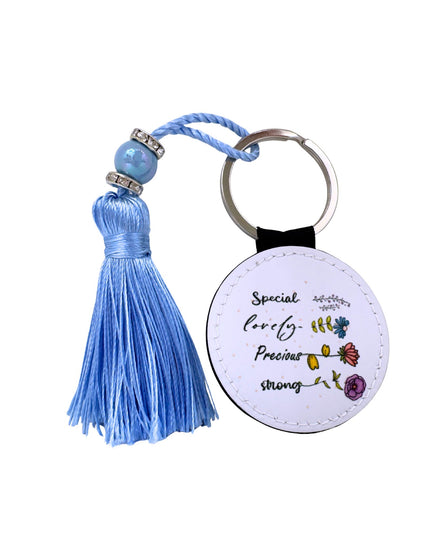 Round Keyring with tassel and motivational quote design