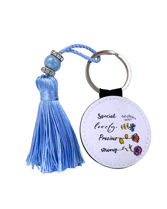 Round Keyring with tassel and motivational quote design