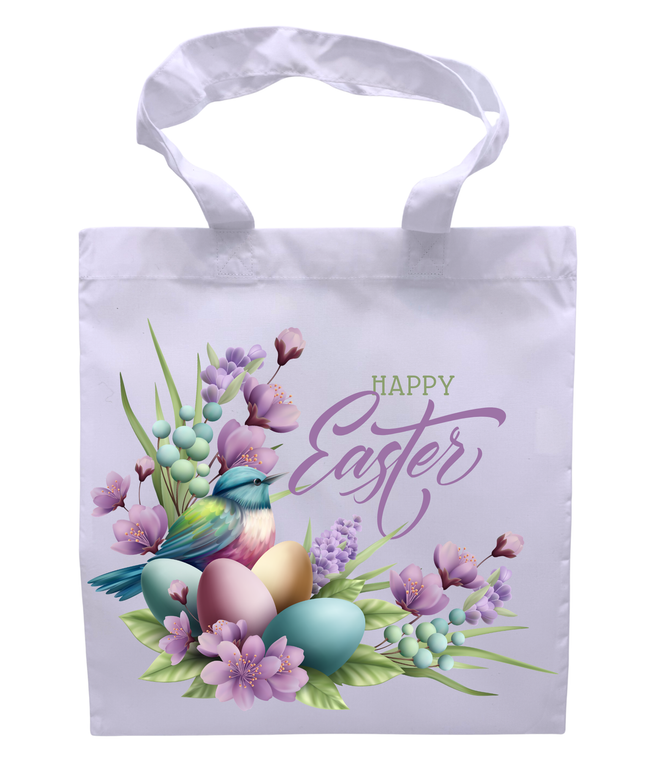 White tote bag with Easter design featuring eggs, flowers, and a bird on a white background.