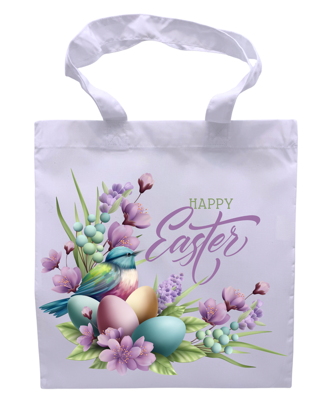White tote bag with Easter design featuring eggs, flowers, and a bird on a white background.