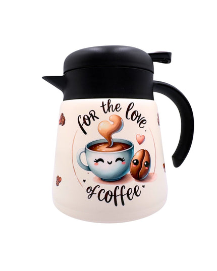 Coffee-themed thermos with cartoon designs and text on a white background