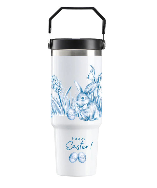 White insulated mug with Easter design featuring bunnies and eggs on a white background