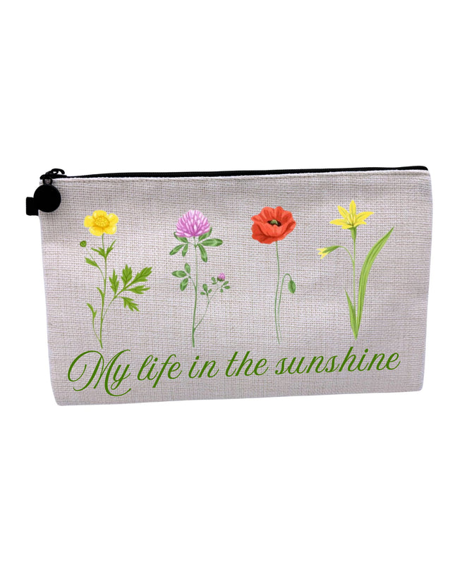 Pouch with floral design and text 'My life in the sunshine' on a white background