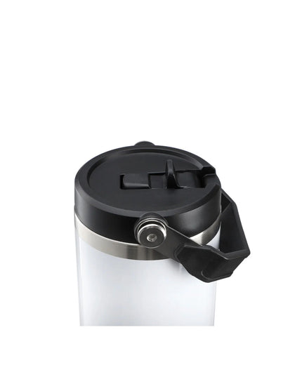 White container with a black lid and handle on a white background