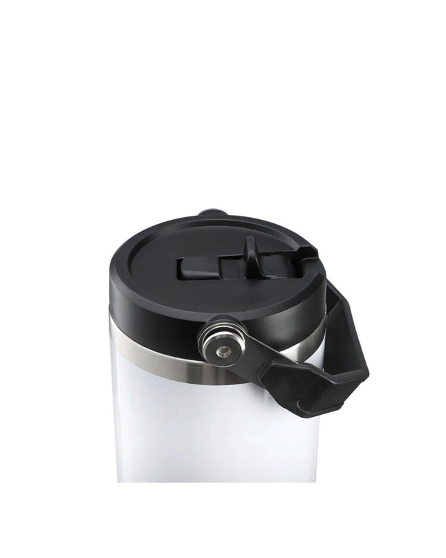 White container with a black lid and handle on a white background