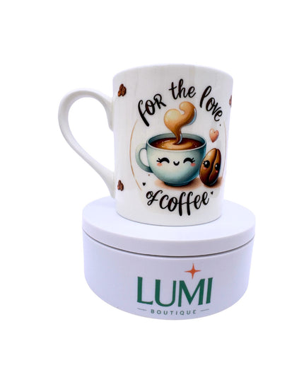 Elegant fine-china mug with a For the love of coffee design 8oz