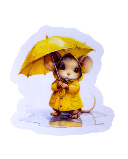 Illustration of a mouse in a yellow raincoat holding a yellow umbrella on a white background
