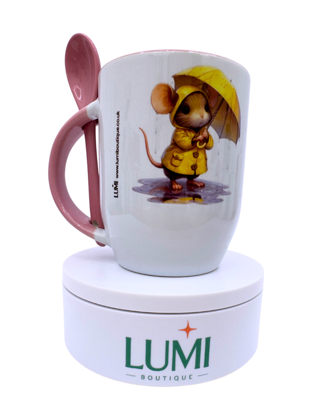 Elegant mug with a mouse in the rain design 12oz