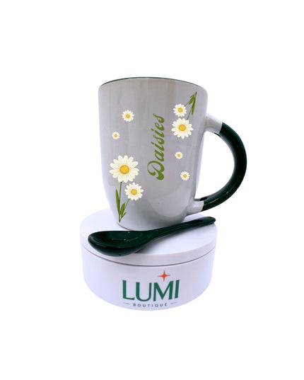 Gray mug with floral design and black handle, placed on a white base with 'LUMI' branding.