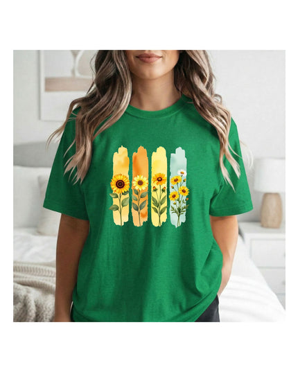 a green t-shirt with colorful floral design