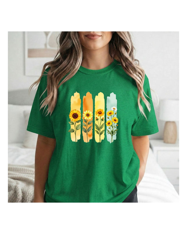 a green t-shirt with colorful floral design