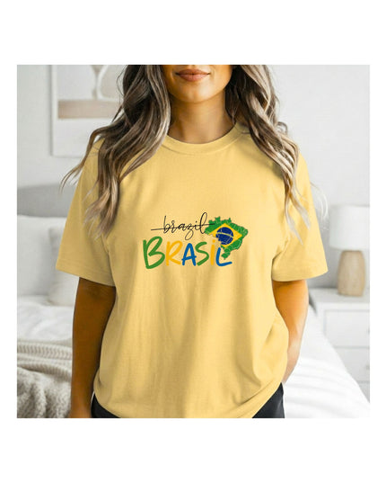 a yellow t-shirt with 'Brasil' text and flag design.