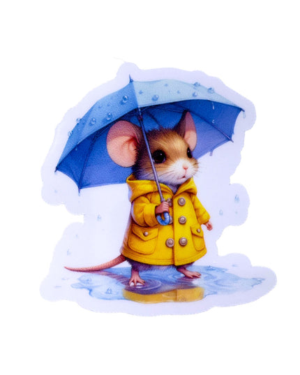 Illustration of a mouse in a yellow raincoat holding a blue umbrella on a white background