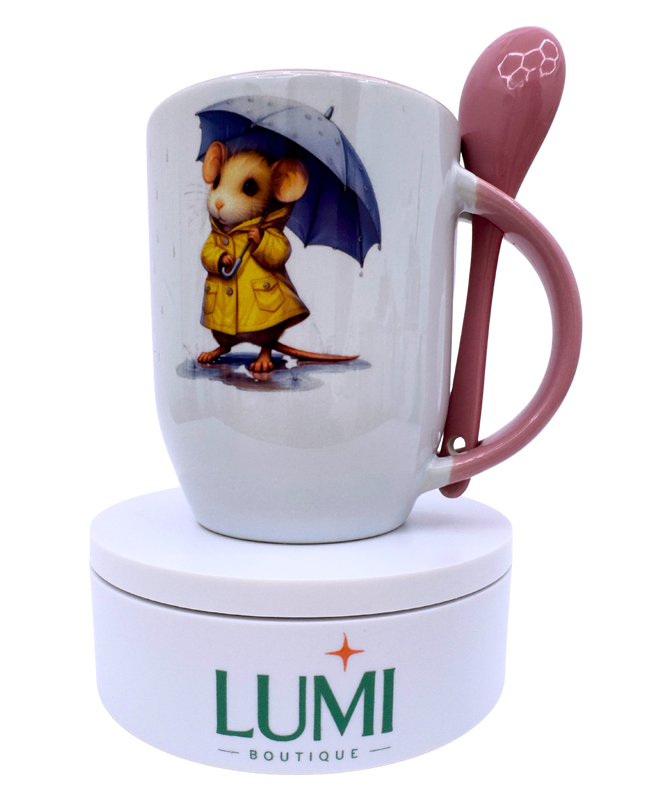 Elegant mug with a mouse in the rain design 12oz