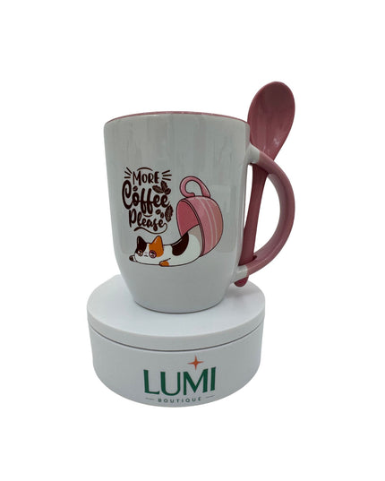 Mug with pink handle and cartoon character on a white stand with LUMI logo