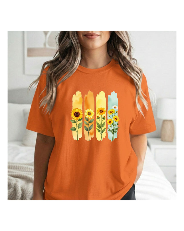 an orange t-shirt with floral design 