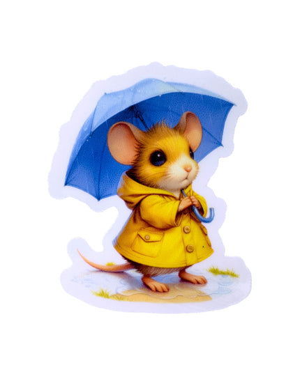 Illustration of a mouse in a yellow raincoat holding a blue umbrella on a white background
