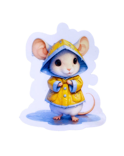 Sticker of a mouse in a yellow raincoat and blue hood on a white background