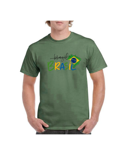  a green t-shirt with 'Brasil' text and flag design 